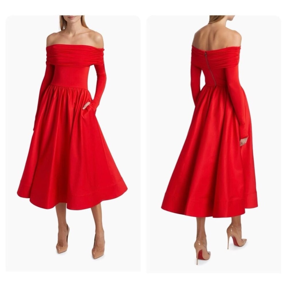 NWT Alice & Olivia Chara Off-The-Shoulder Flared Midi-Dress Size 6